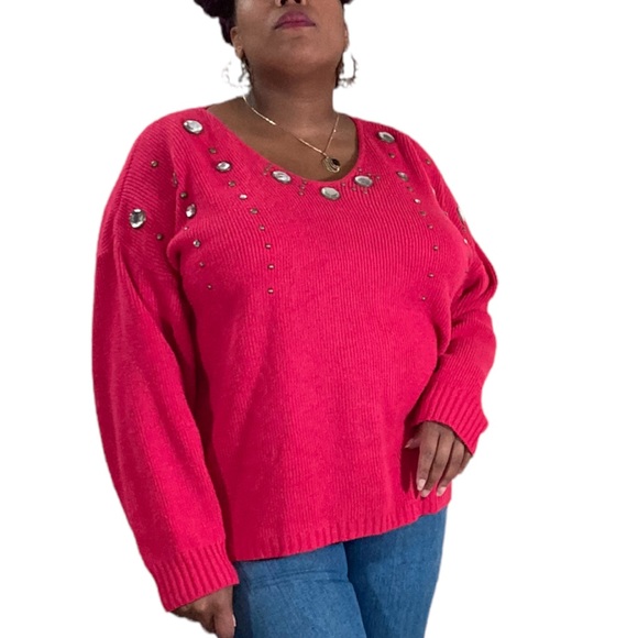 Retro Hot Pink V-neck Sweater - Picture 3 of 6